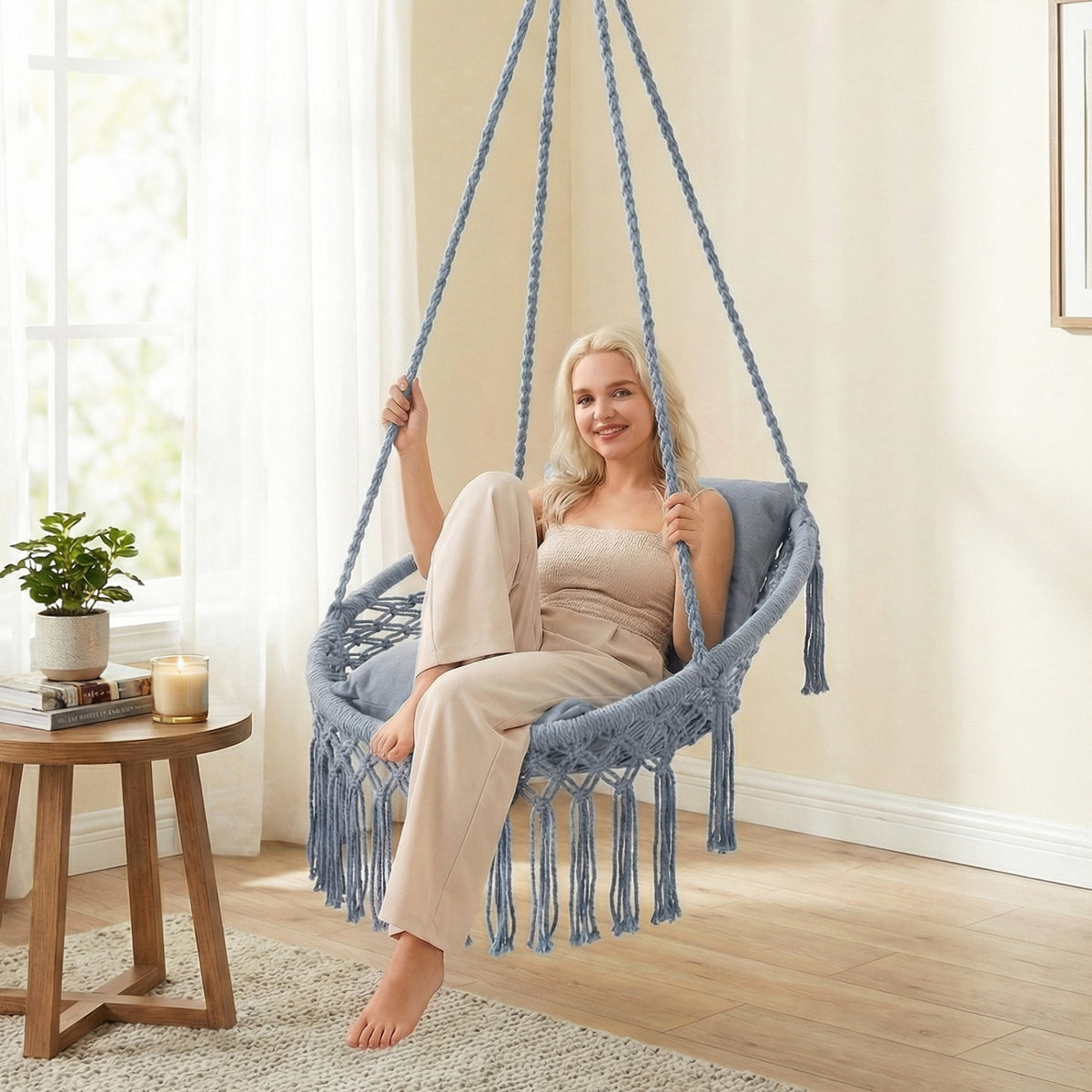 Macrame Swing Chair Hammock Chair with 2 Removable Cushions-Grey