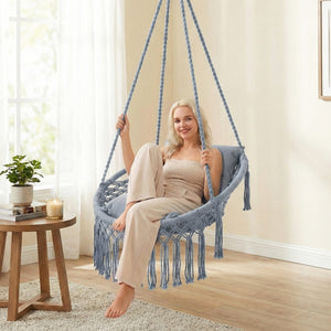 Macrame Swing Chair Hammock Chair with 2 Removable Cushions-Grey