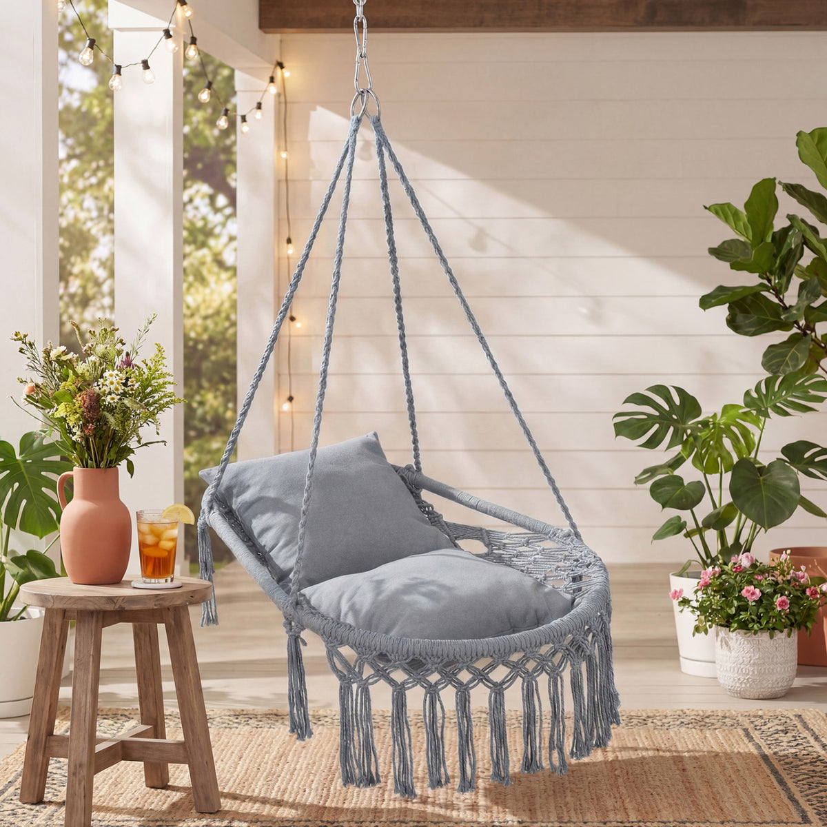 Macrame Swing Chair Hammock Chair with 2 Removable Cushions-Grey