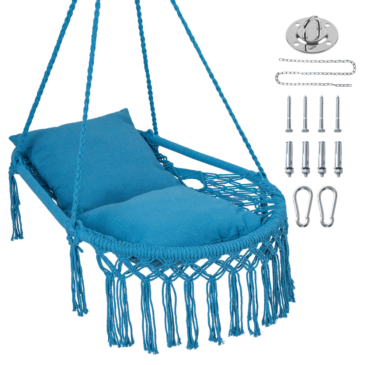 Macrame Swing Chair Hammock Chair with 2 Removable Cushions-Navy
