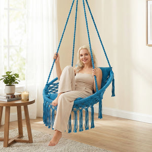 Macrame Swing Chair Hammock Chair with 2 Removable Cushions-Navy