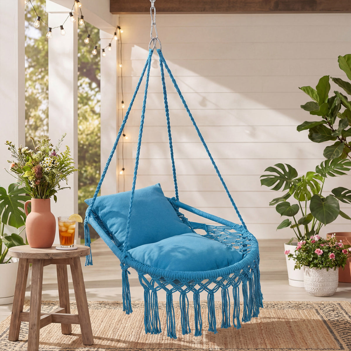 Macrame Swing Chair Hammock Chair with 2 Removable Cushions-Navy