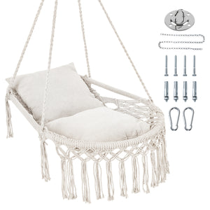 Macrame Swing Chair Hammock Chair with 2 Removable Cushions-Beige