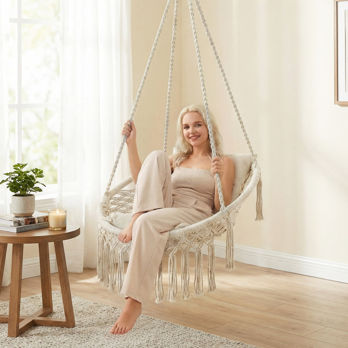Macrame Swing Chair Hammock Chair with 2 Removable Cushions-Beige