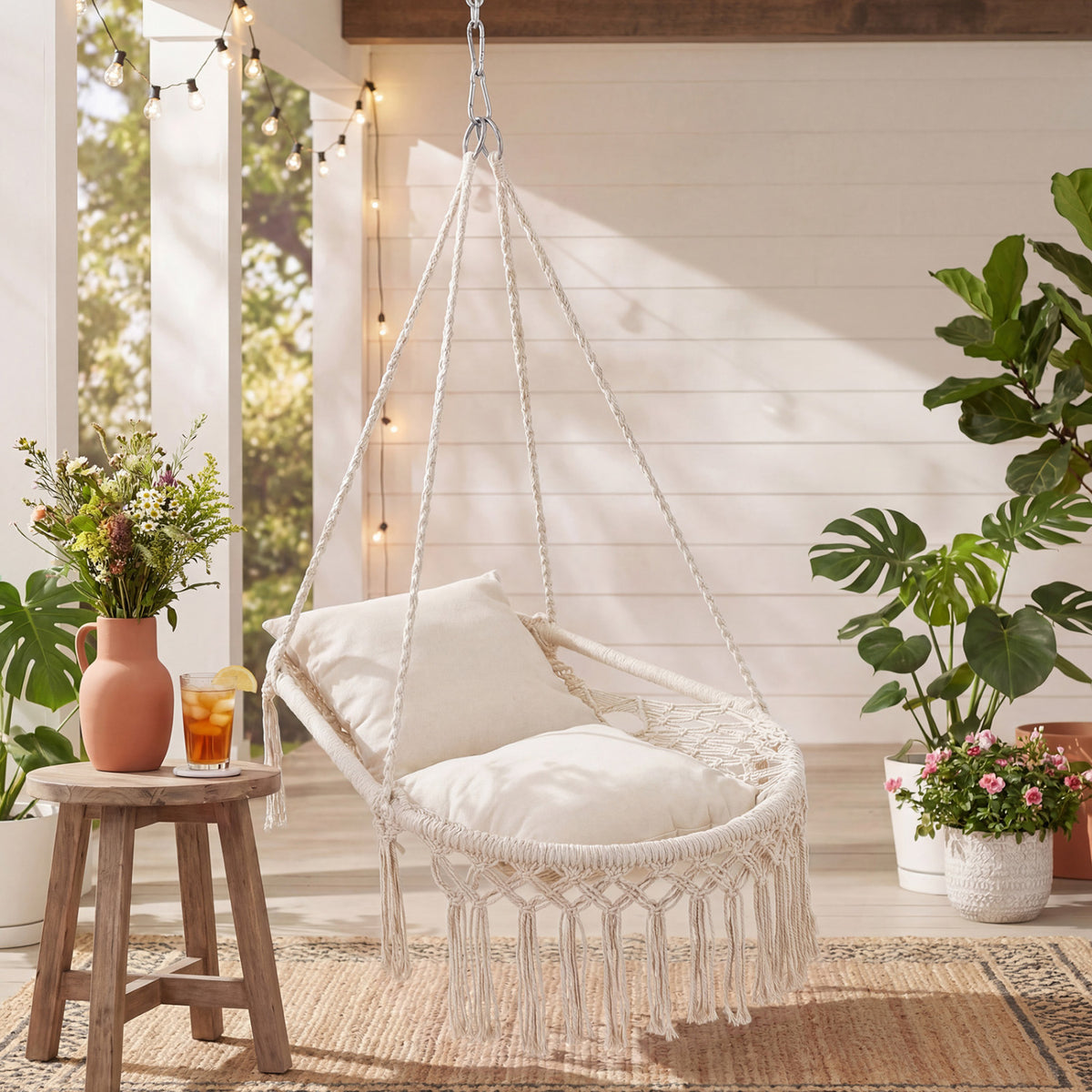 Macrame Swing Chair Hammock Chair with 2 Removable Cushions-Beige