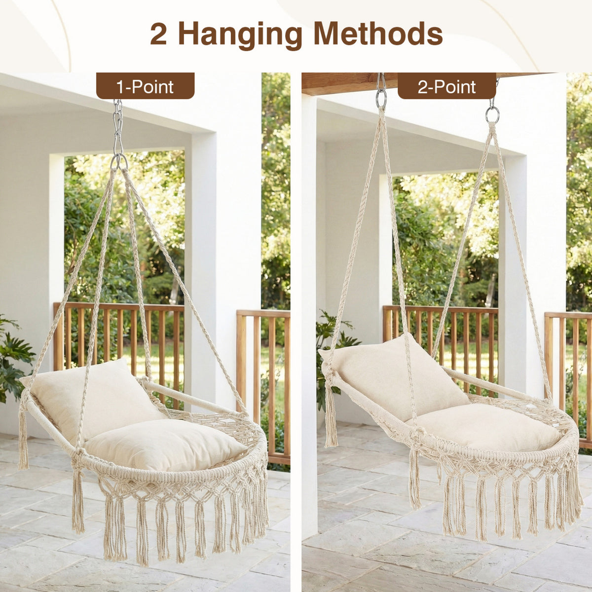 Macrame Swing Chair Hammock Chair with 2 Removable Cushions-Beige