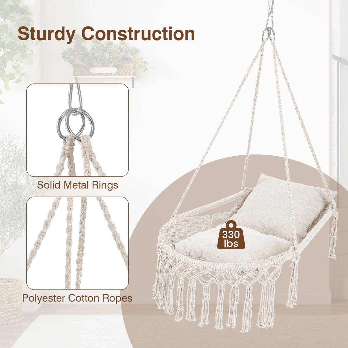 Macrame Swing Chair Hammock Chair with 2 Removable Cushions-Beige