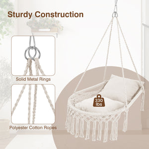 Macrame Swing Chair Hammock Chair with 2 Removable Cushions-Beige