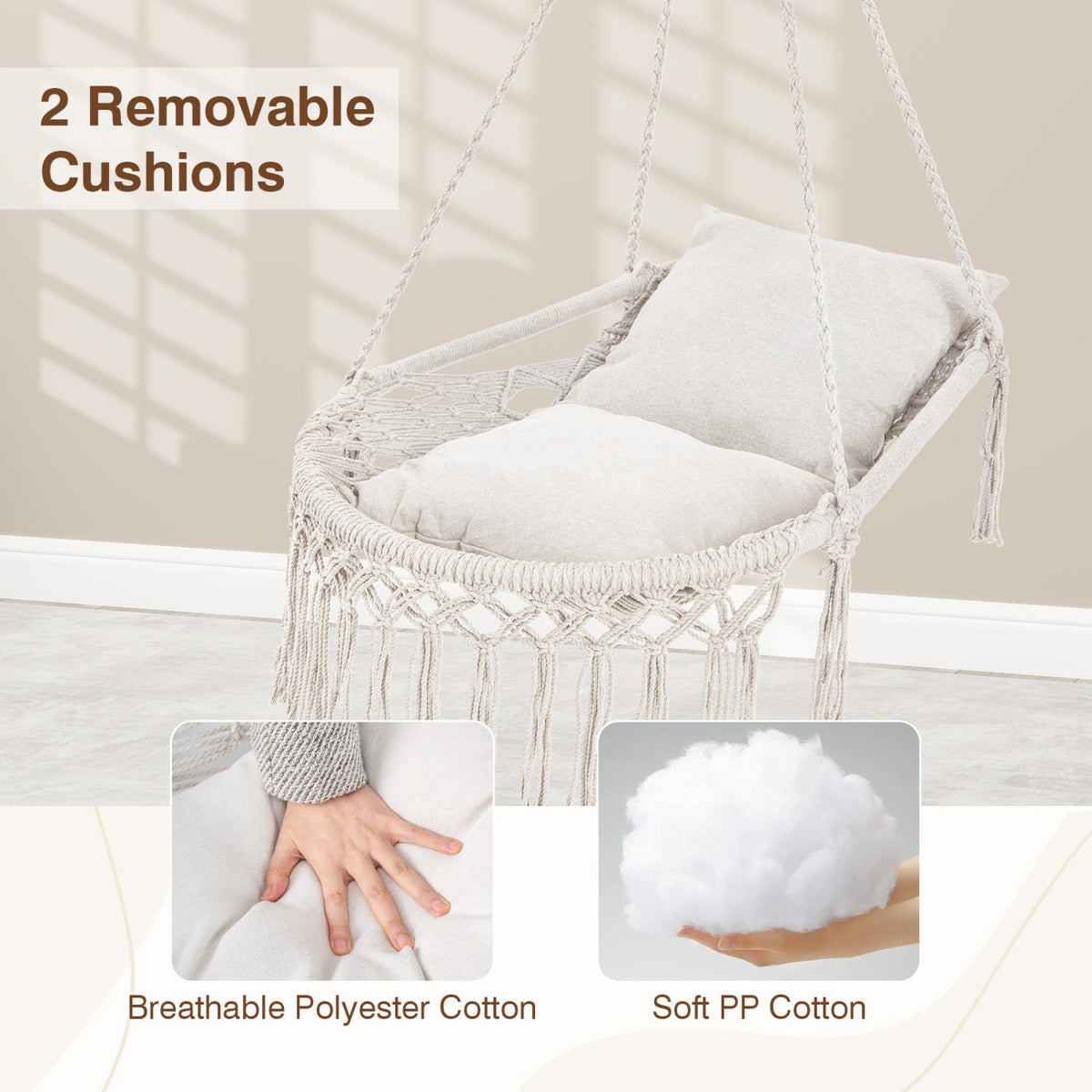 Macrame Swing Chair Hammock Chair with 2 Removable Cushions-Beige