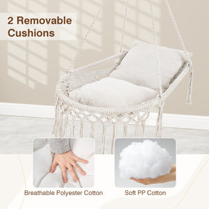 Macrame Swing Chair Hammock Chair with 2 Removable Cushions-Beige
