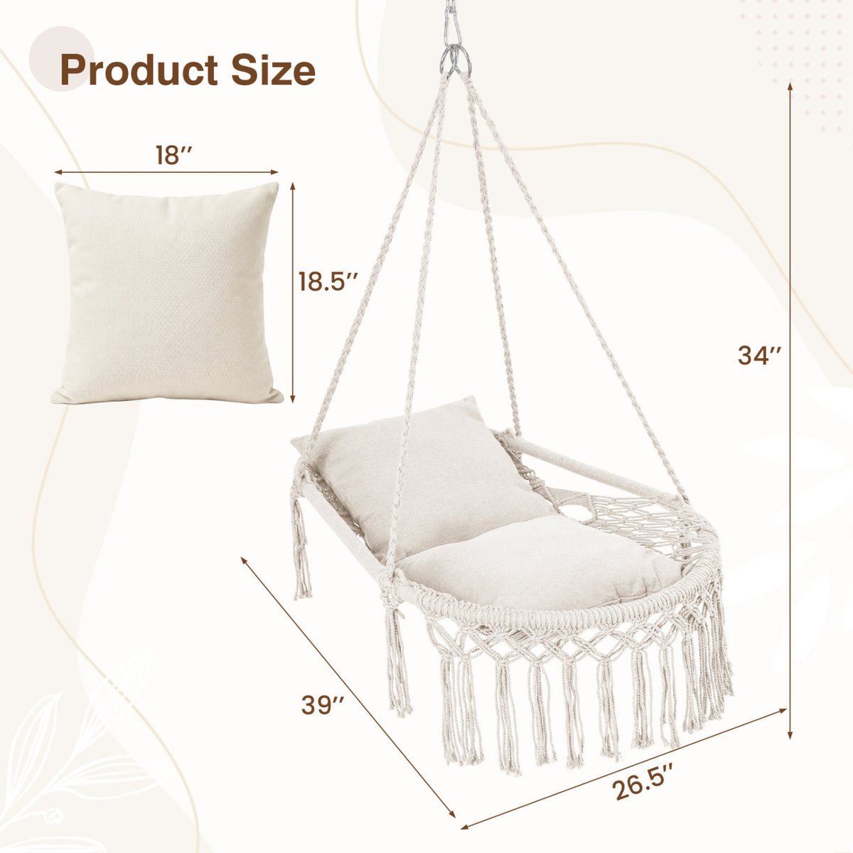Macrame Swing Chair Hammock Chair with 2 Removable Cushions-Beige