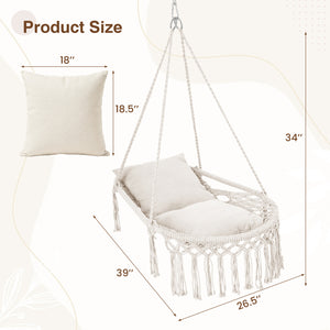 Macrame Swing Chair Hammock Chair with 2 Removable Cushions-Beige