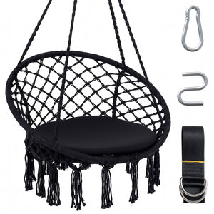 Macrame Swing Chair Hammock Chair with Round Seat Cushion-Black