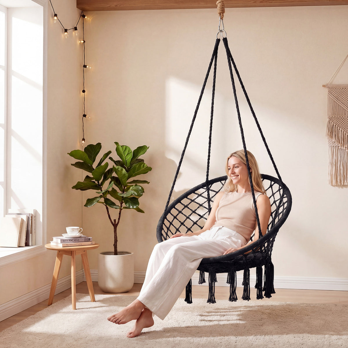 Macrame Swing Chair Hammock Chair with Round Seat Cushion-Black