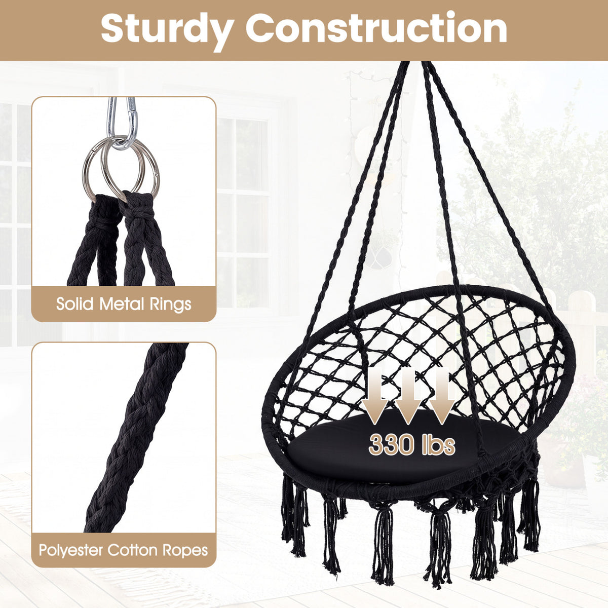 Macrame Swing Chair Hammock Chair with Round Seat Cushion-Black