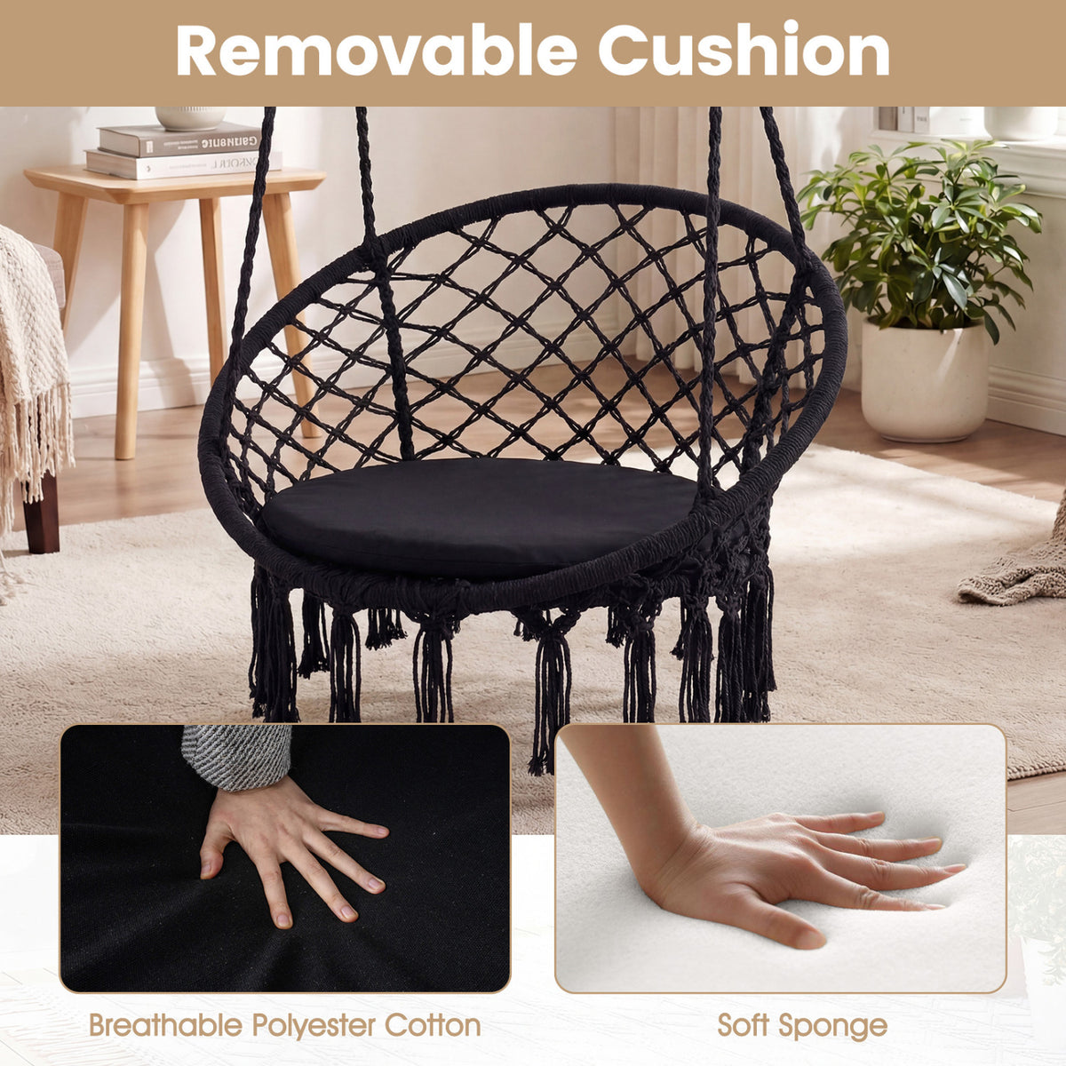 Macrame Swing Chair Hammock Chair with Round Seat Cushion-Black
