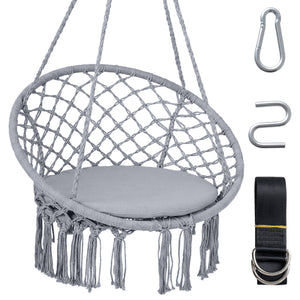 Macrame Swing Chair Hammock Chair with Round Seat Cushion-Grey