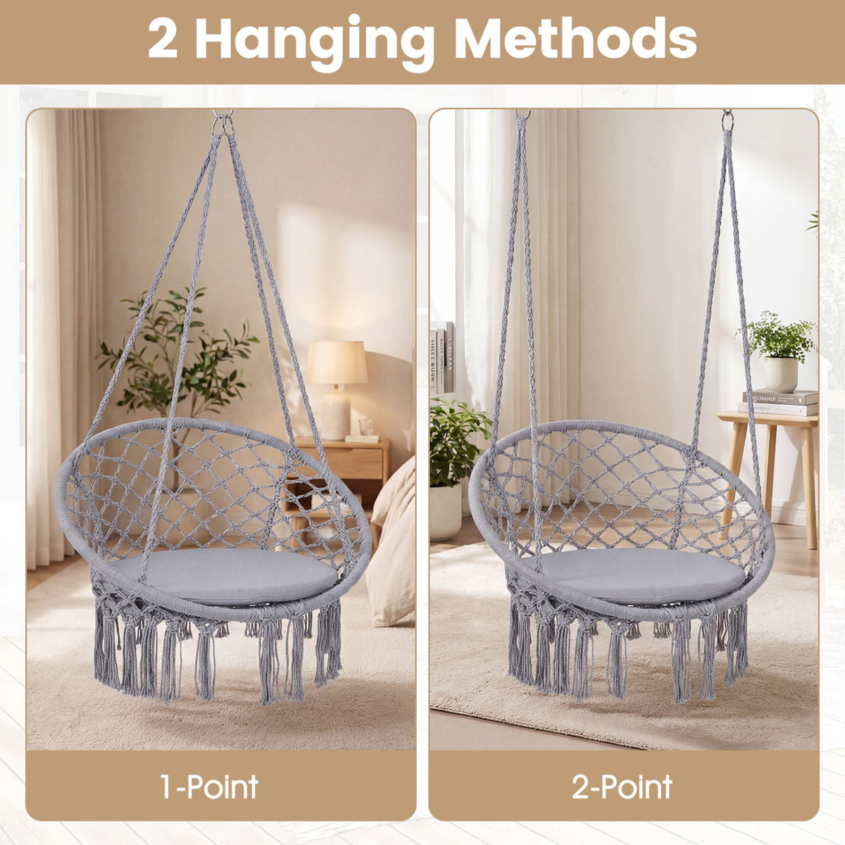 Macrame Swing Chair Hammock Chair with Round Seat Cushion-Grey