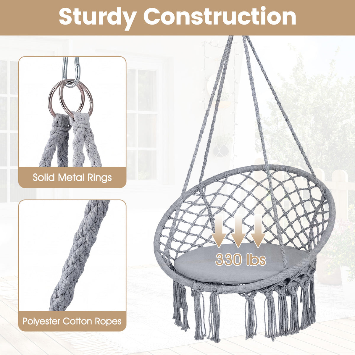 Macrame Swing Chair Hammock Chair with Round Seat Cushion-Grey