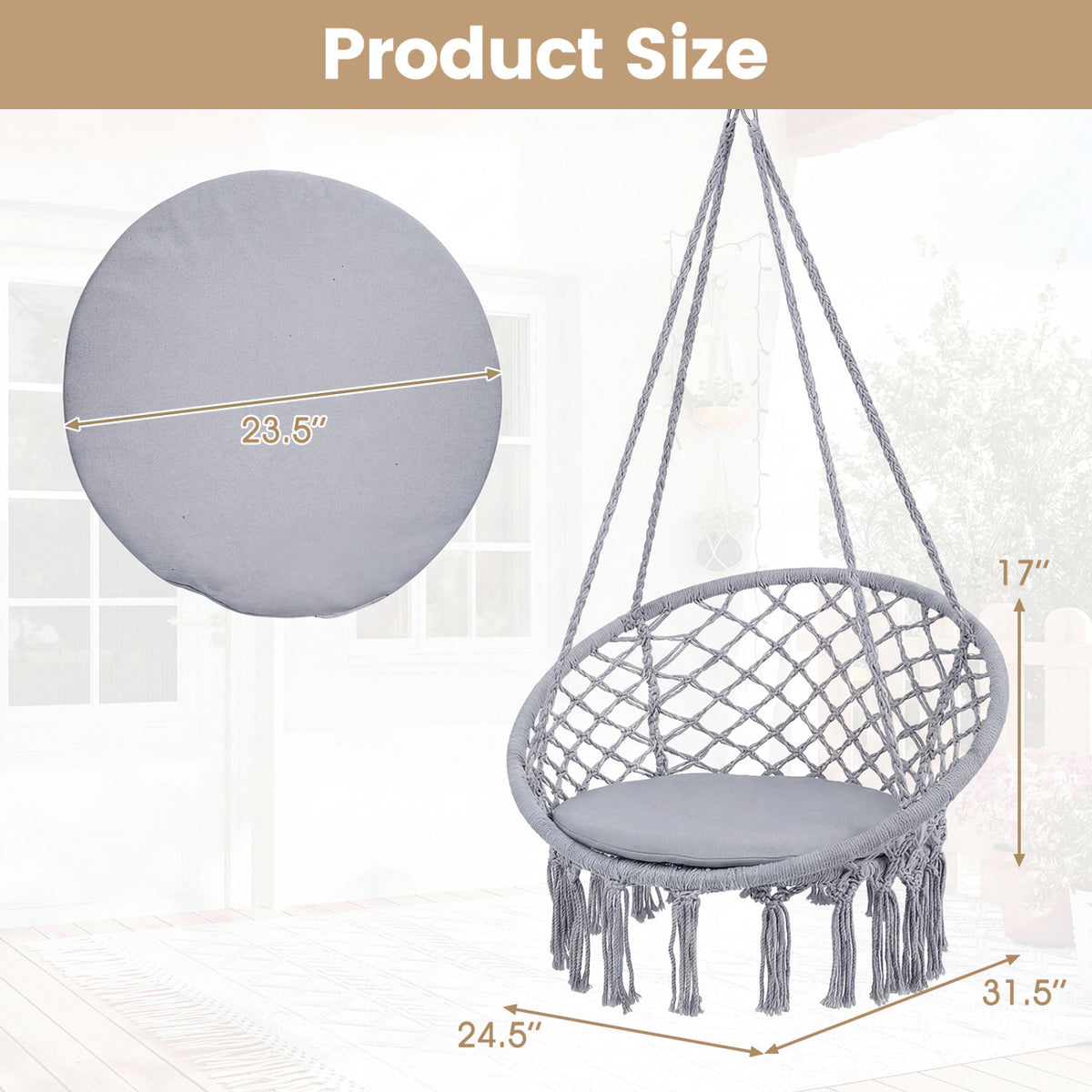 Macrame Swing Chair Hammock Chair with Round Seat Cushion-Grey