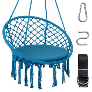 Macrame Swing Chair Hammock Chair with Round Seat Cushion-Blue