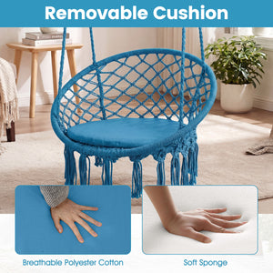 Macrame Swing Chair Hammock Chair with Round Seat Cushion-Blue
