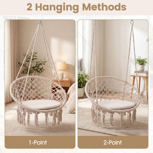 Macrame Swing Chair Hammock Chair with Round Seat Cushion-Beige
