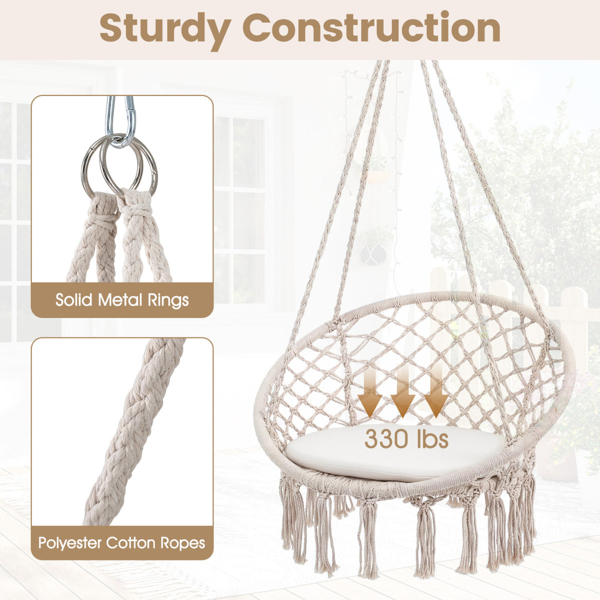 Macrame Swing Chair Hammock Chair with Round Seat Cushion-Beige