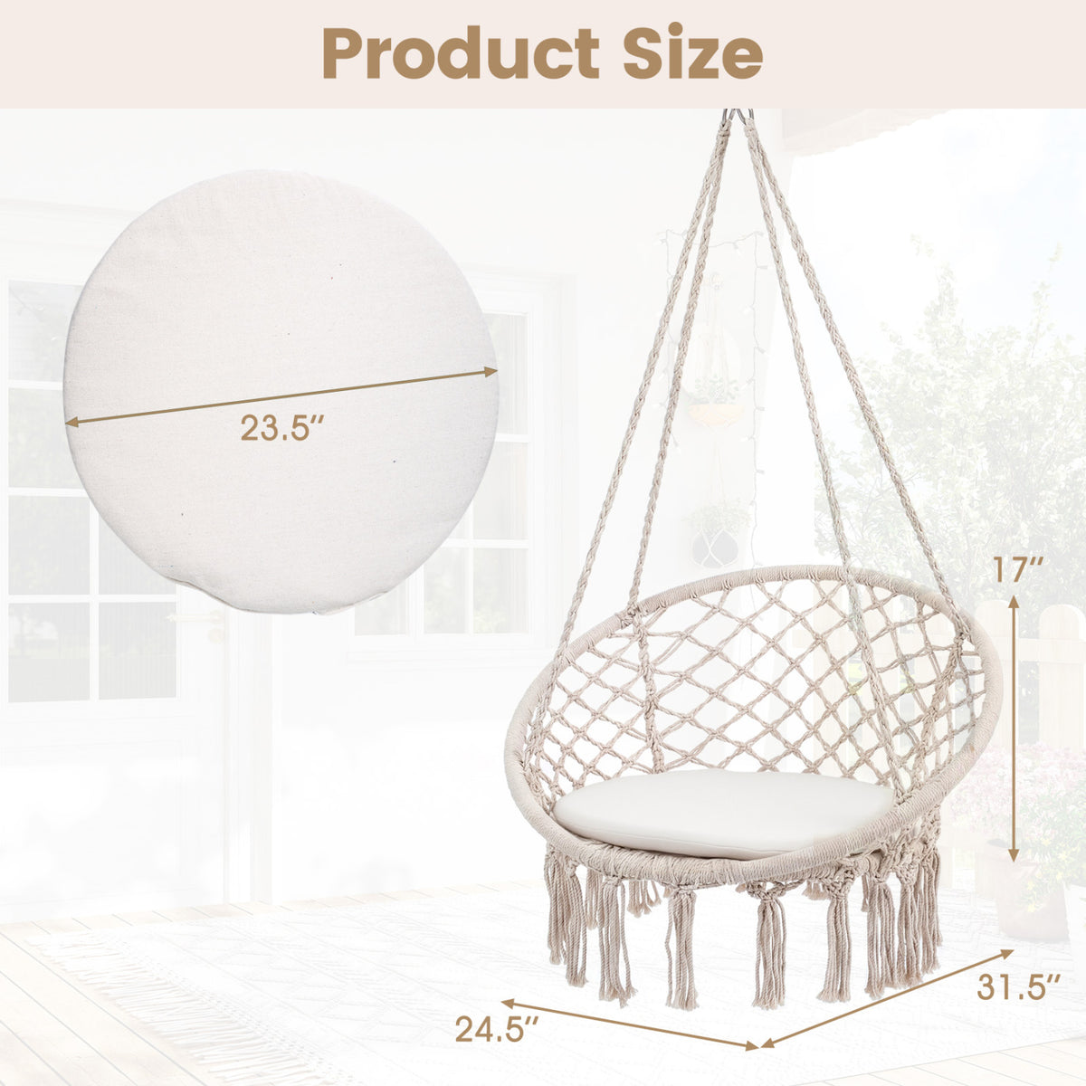 Macrame Swing Chair Hammock Chair with Round Seat Cushion-Beige