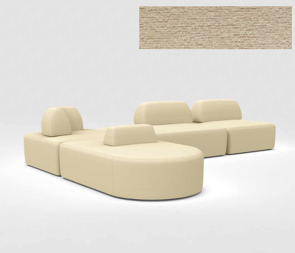 The Magna Preconfigured Sectional is a modular beige sofa with three individual seats, each featuring a backrest and armrest. It combines rectangular and curved designs, with a fabric texture close-up shown in the top right corner.