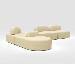The Magna Preconfigured Sectional is a minimalist, beige modular sofa with rounded edges and adjustable backrests, set against a plain white background. It features separate segments that can be rearranged for various seating configurations.