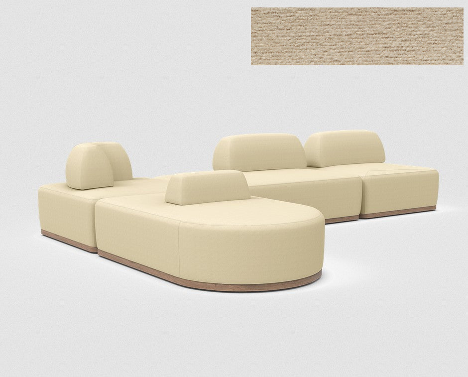 The Magna Preconfigured Sectional features a modular beige design with three seating sections and backrests on a wooden base. Its fabric texture is shown in a small inset at the top right, set against a plain gray background.