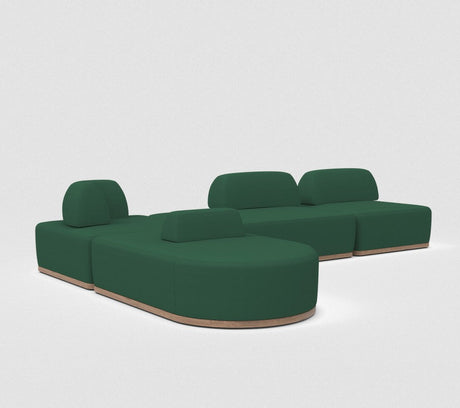 The Magna Preconfigured Sectional is a green modular sofa with a wooden base. It features multiple rounded-edge sections for versatile configurations and includes small, rounded backrests, all set against a white background.