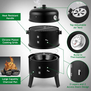 3-in-1 Charcoal Smoker Grill BBQ Fire Pit Portable Outdoor Camping Grill