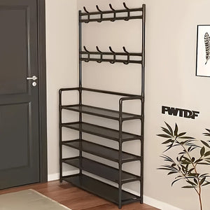 2 in 1 Shoe Rack with Coat Hooks Entryway Organizer 5 Tier Storage Shelf
