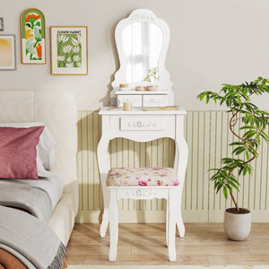 Makeup Dressing Table and Bench 3 Drawers and Cushioned Stool for Girls-White