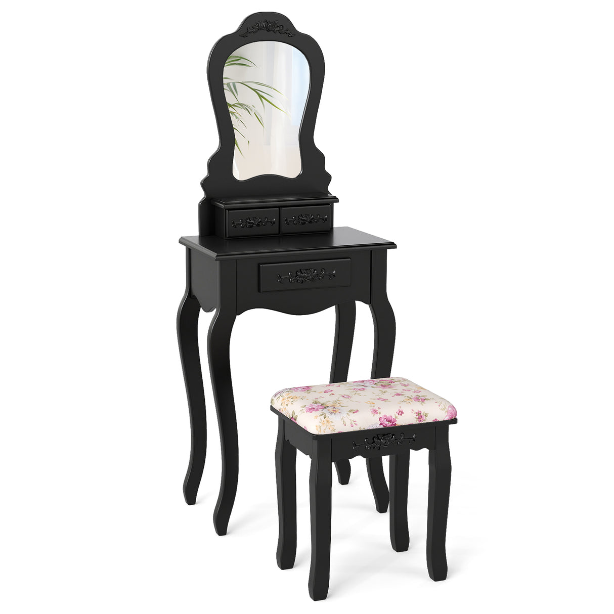 Makeup Dressing Table and Bench 3 Drawers and Cushioned Stool for Girls-Black