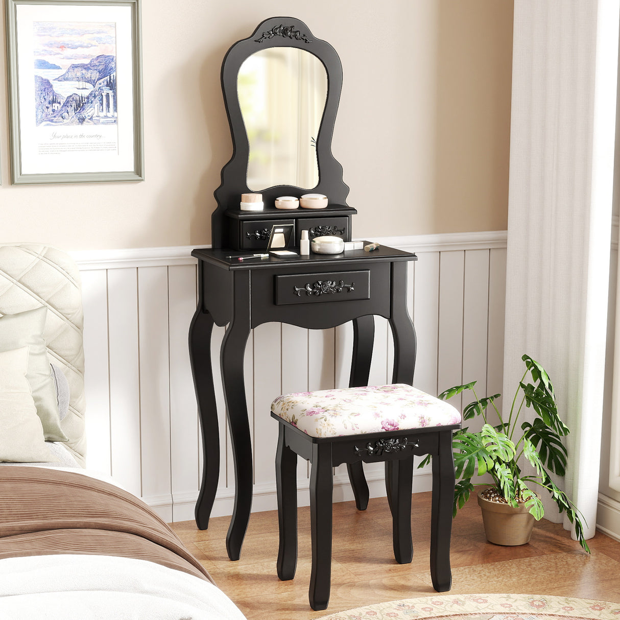 Makeup Dressing Table and Bench 3 Drawers and Cushioned Stool for Girls-Black