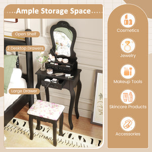 Makeup Dressing Table and Bench 3 Drawers and Cushioned Stool for Girls-Black
