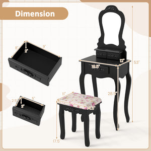 Makeup Dressing Table and Bench 3 Drawers and Cushioned Stool for Girls-Black