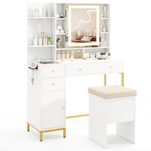 Makeup Dressing Table and Stool set with 3 Lighting Modes and Cabinet-White