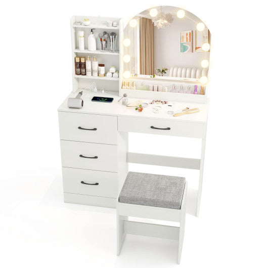 Makeup Vanity Desk Dressing Table and Stool Set with Mirror and Lights-White