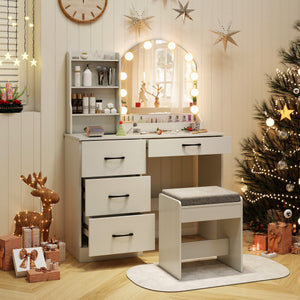 Makeup Vanity Desk Dressing Table and Stool Set with Mirror and Lights-White