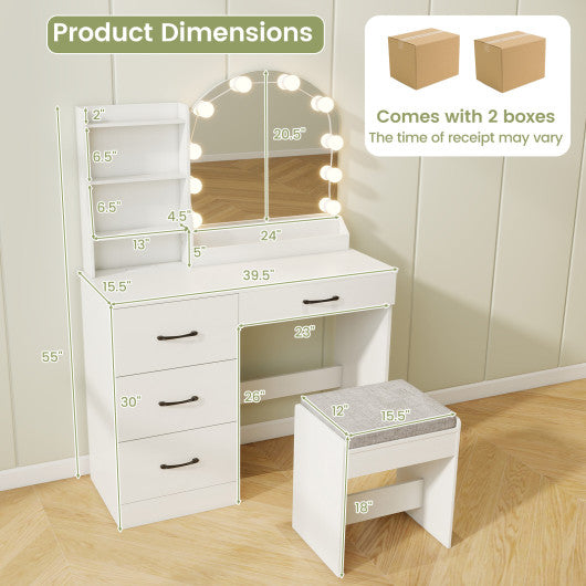 Makeup Vanity Desk Dressing Table and Stool Set with Mirror and Lights-White