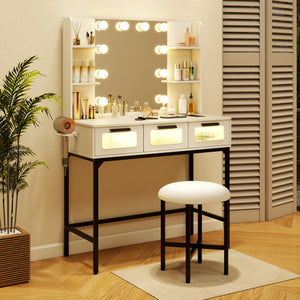 Bedroom Makeup Vanity Desk with Hollywood Mirror and Lights-White