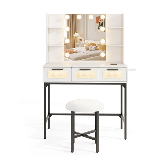 Bedroom Makeup Vanity Desk with Hollywood Mirror and Lights-White