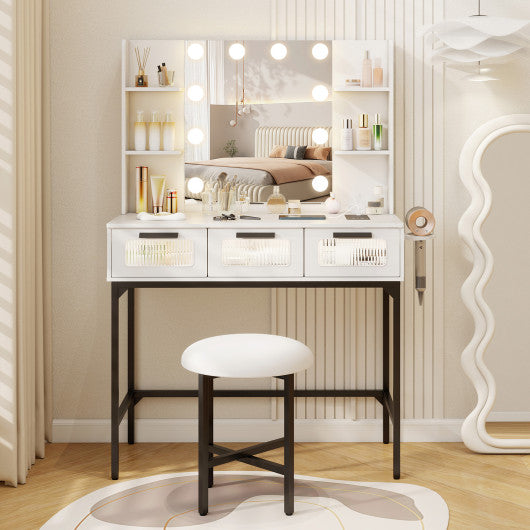 Bedroom Makeup Vanity Desk with Hollywood Mirror and Lights-White