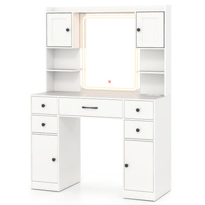 Makeup Vanity Desk with Lighted Mirror and Charging Station-White