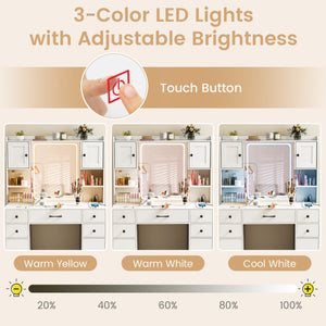 Makeup Vanity Desk with Lighted Mirror and Charging Station-White