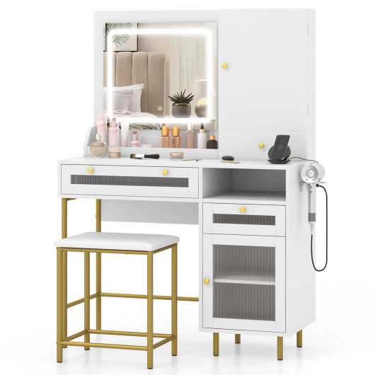 Modern Makeup Vanity Desk with Mirror and Lights and Stool Set-White